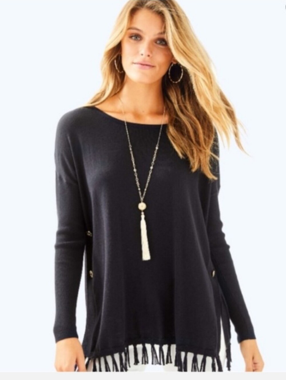 Lilly Pulitzer Black Fringe Sweater Sz Small Gold Button Detail Guc